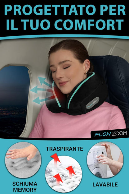 FLOWZOOM Dream Memory Foam Travel Neck Pillow - Airplane & Car Pillow, Adjustable with Raised Sides for Extra Support, Velvety Washable Lining and Mesh Bag - Black