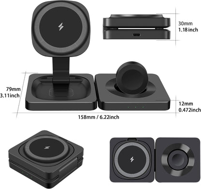 3 in 1 Wireless Charger Stand for Mag-Safe Charging, Foldable 15W Fast Magnetic Wireless Charging Stand for iPhone 16 15 14 13 12 Pro Max,AirPods,Apple Watch Series 10/Ultra 2/9/8/7/6/SE/5/4/3,Black