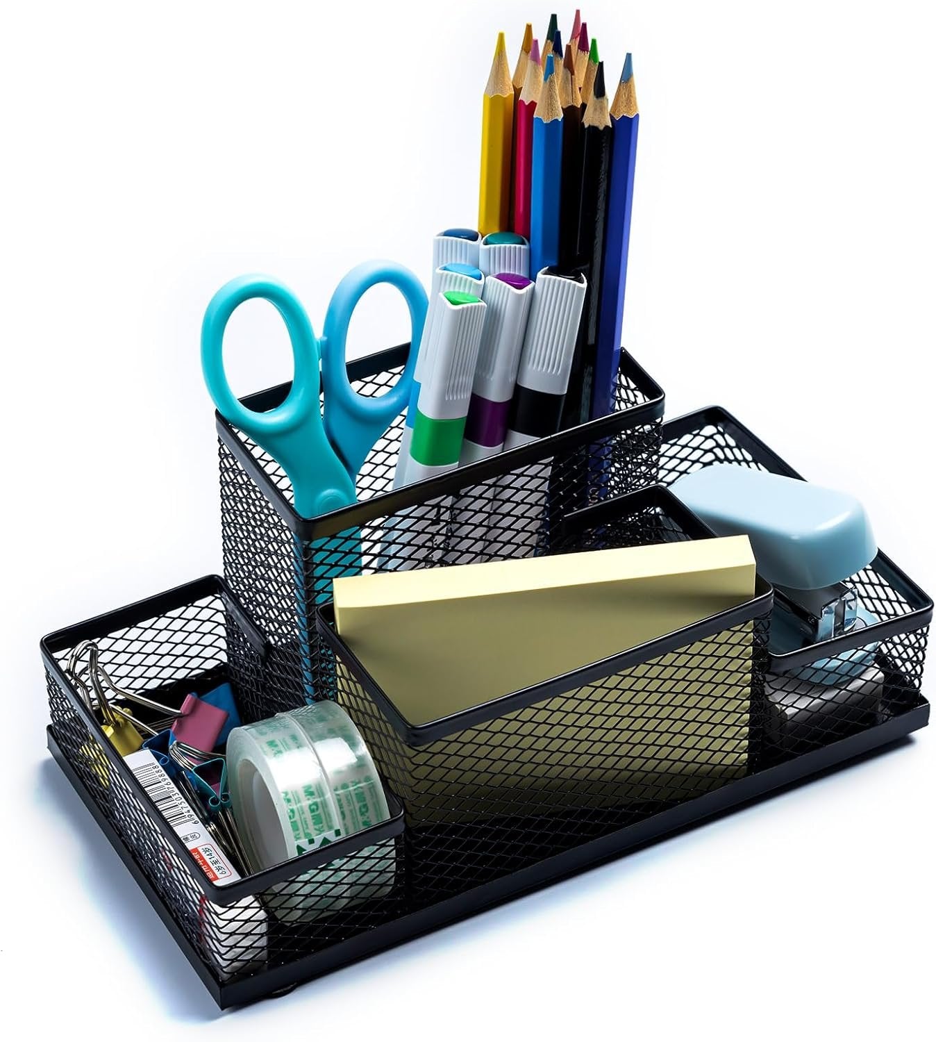 EMIZIU Pen Holder Mesh Metal Pencil Holder Desk Organizers Black for Desk Office with 4 Compartments Pencil Holders,Desktop Storage Caddy Organization,Suitable for School, Home,Black