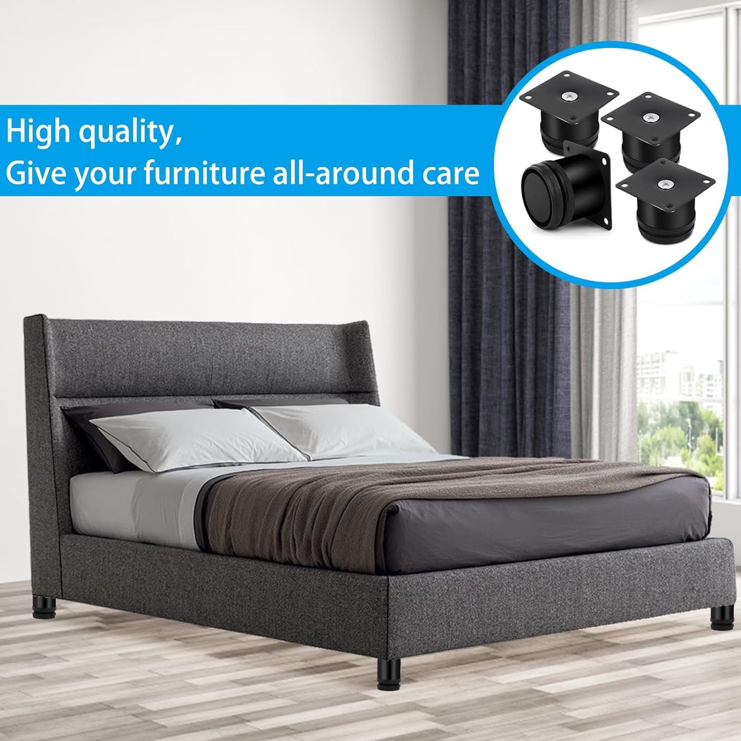 NVIYAM Set of 4 Adjustable Furniture Feet Height 0-15 mm, Universal Bed Feet 50 mm Round, Adjustable Foot for Kitchen, Table, Bed with Screws