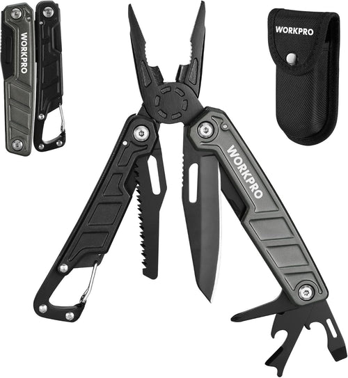 WORKPRO 11-in-1 Stainless Steel Multitool Pliers - EDC Multi-Tool with Safety Lock, Pocket Clip & Sheath - 220g Camping Knife, Screwdriver, Saw, Wire Cutter & Bottle Opener
