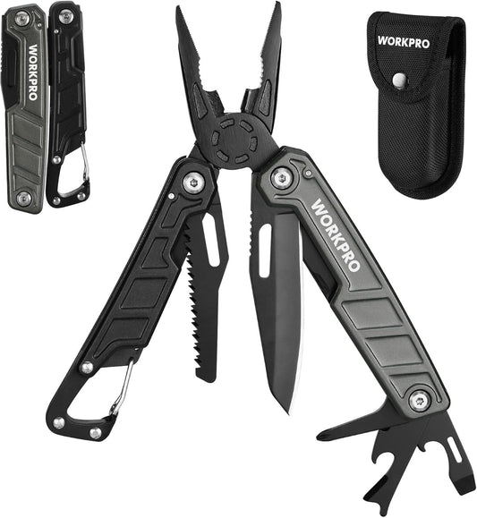 WORKPRO 11-in-1 Stainless Steel Multitool Pliers - EDC Multi-Tool with Safety Lock, Pocket Clip & Sheath - 220g Camping Knife, Screwdriver, Saw, Wire Cutter & Bottle Opener