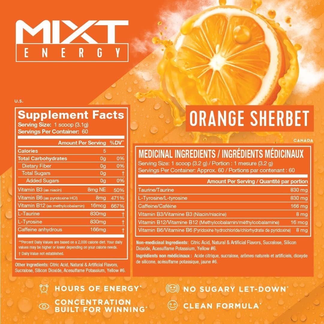 MIXT Energy Drink Mix, Energy Powder, 8 Hour Energy Formula, Designed for Concentration, Focus, and Hours of Energy Without the Crash, Sugar Free (60 Servings, Orange Sherbet)