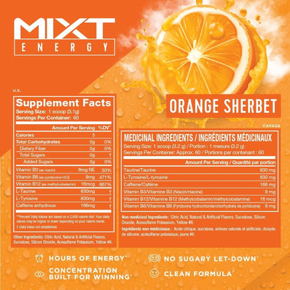 MIXT Energy Drink Mix, Energy Powder, 8 Hour Energy Formula, Designed for Concentration, Focus, and Hours of Energy Without the Crash, Sugar Free (60 Servings, Orange Sherbet)