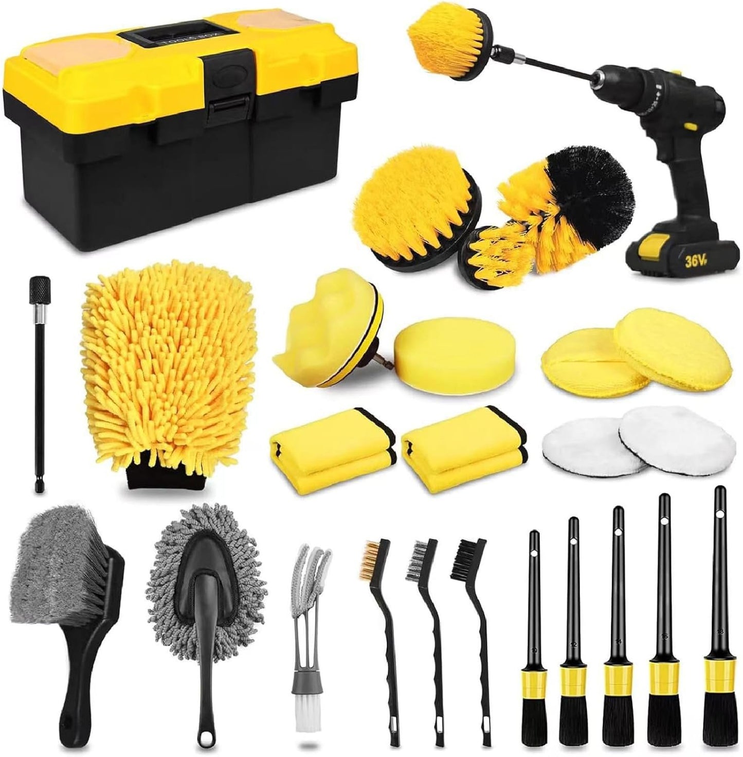 APLUSH 27Pcs Car Detailing Kit, Car Detailing Brushes Wash Kit, Auto Detailing Drill Brush Set, Tire Wheel Brush Car Accessories, Car Cleaning Tools Kit for Interior Exterior Wheels,Yellow