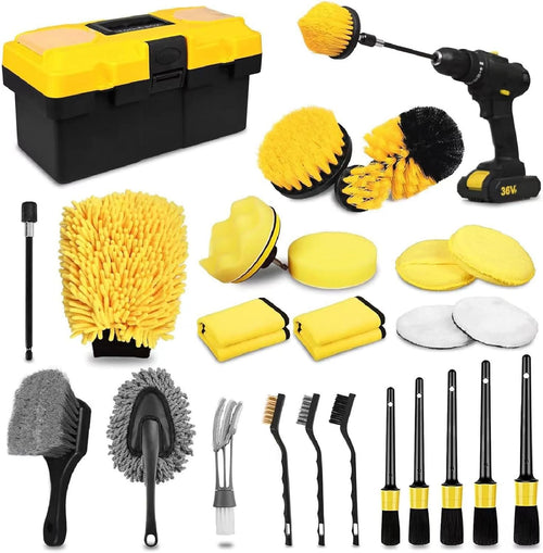 APLUSH 27Pcs Car Detailing Kit, Car Detailing Brushes Wash Kit, Auto Detailing Drill Brush Set, Tire Wheel Brush Car Accessories, Car Cleaning Tools Kit for Interior Exterior Wheels,Yellow