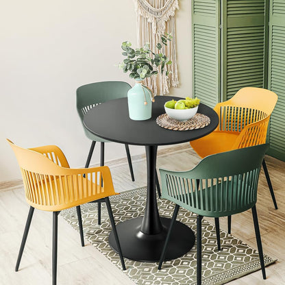 Furb 70cm Round Dining Table for 2, Outdoor Small Black Tulip Patio Coffee Table, Wooden Tabletop and Steel Leg