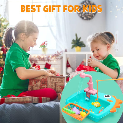 Kitchen Sink Toy with Running Water Dishwasher Play Kitchen Accessories with Automatic Water Circulation Tableware Accessories Vegetable Fruit Fishing Games Gift for Girls and Boys（Green）