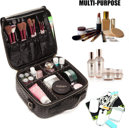 LACATTURA Travel Makeup bag, Leather Makeup Train Case Cosmetic Organizer for Makeup Brushes Toiletry Digital Accessories, Portable Artist Storage Bag With Shoulder Strap for Women Black