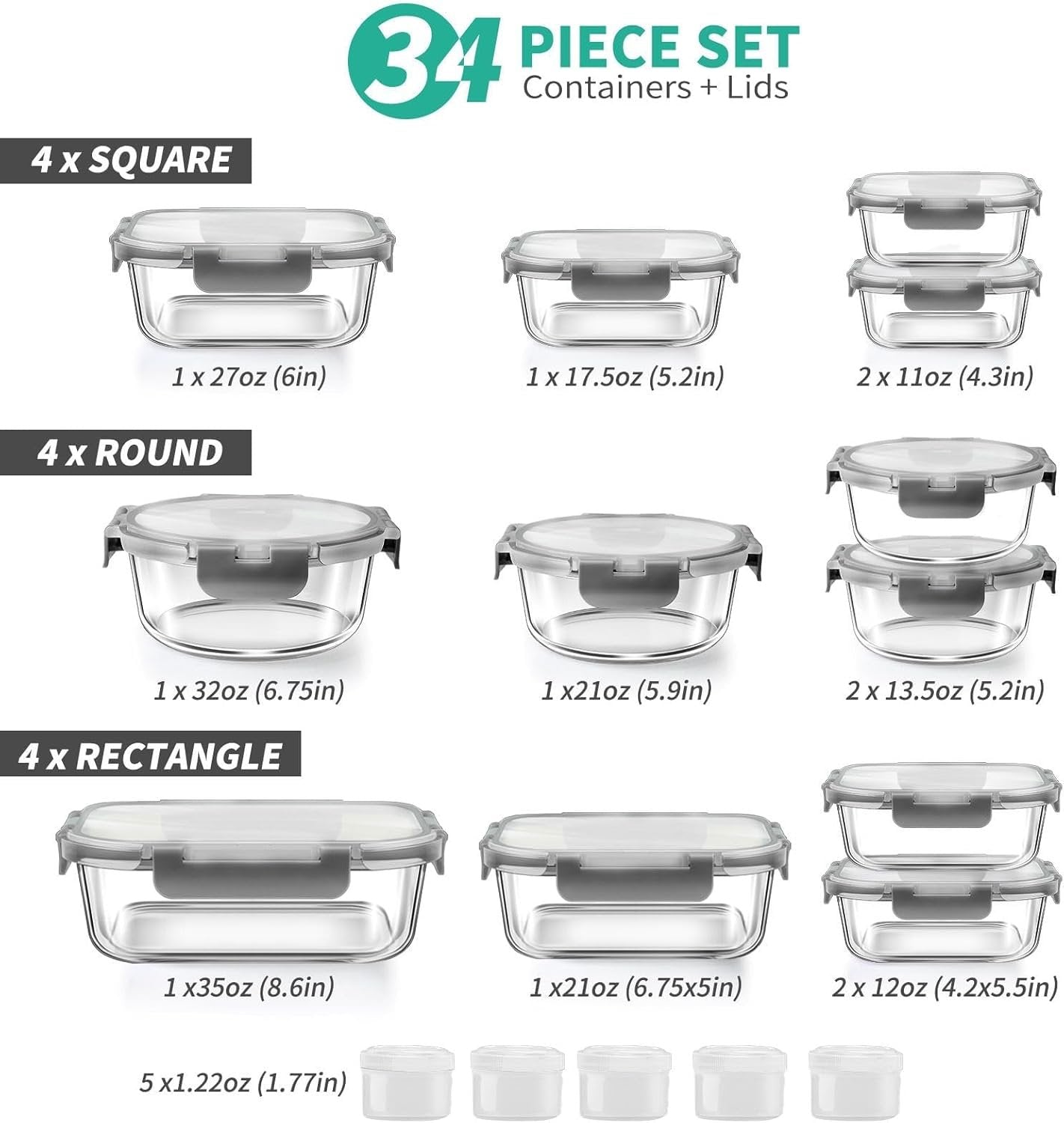 34pcs Glass Food Storage Containers with Lids Set, Airtight Glass Meal Prep Containers (17 Containers & 17 Lids), Leak Proof Lunch Containers BPA-Free, Microwave, Oven, Freezer, Dishwasher Safe-Grey