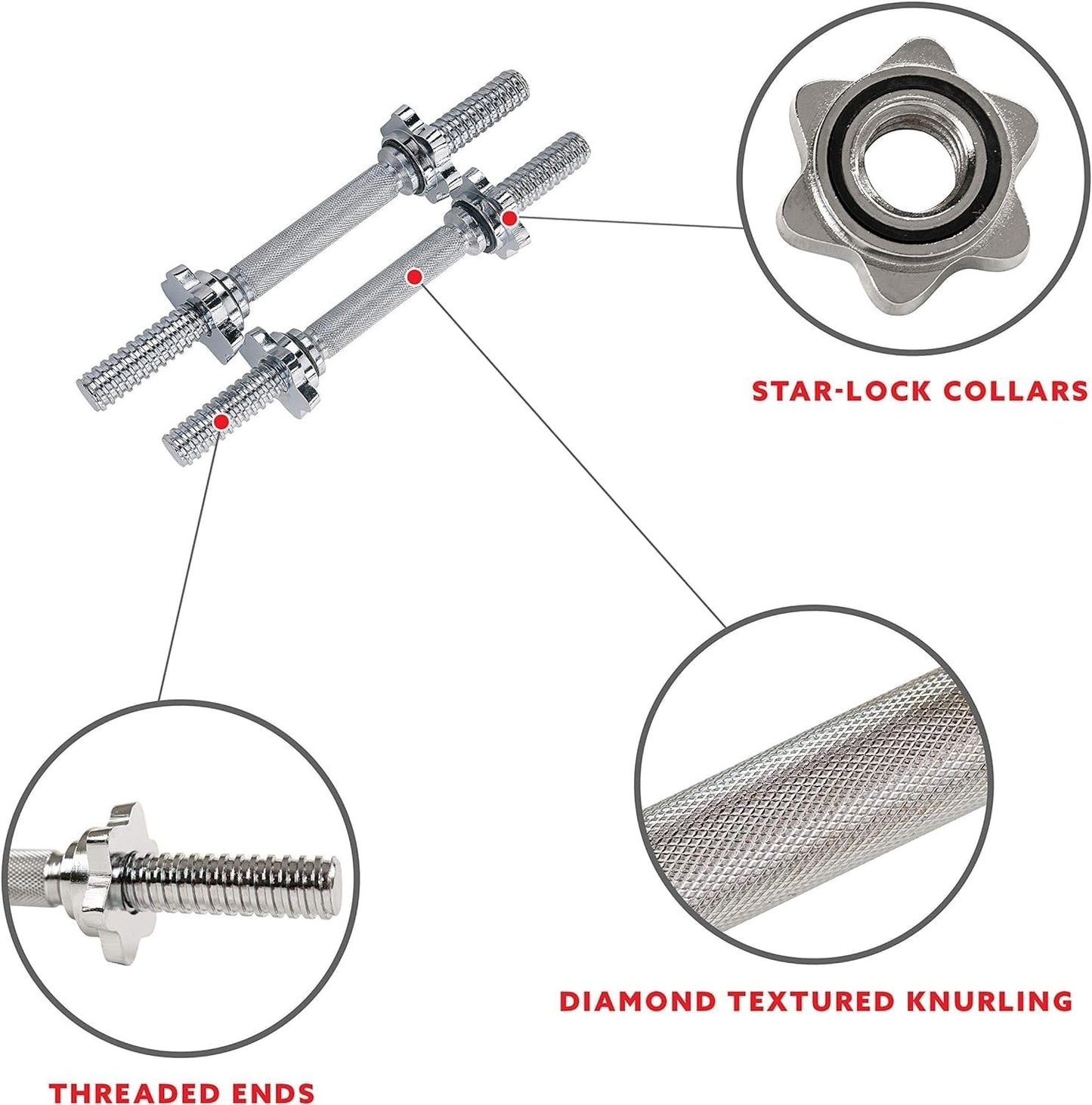 Sunny Health & Fitness 35.5 cm Threaded Chrome Dumbbell Bar Set, Adjustable Dumbbell Bar Handles with Star Lock Collars, Fit 25mm Standard Plates - STDBH-14