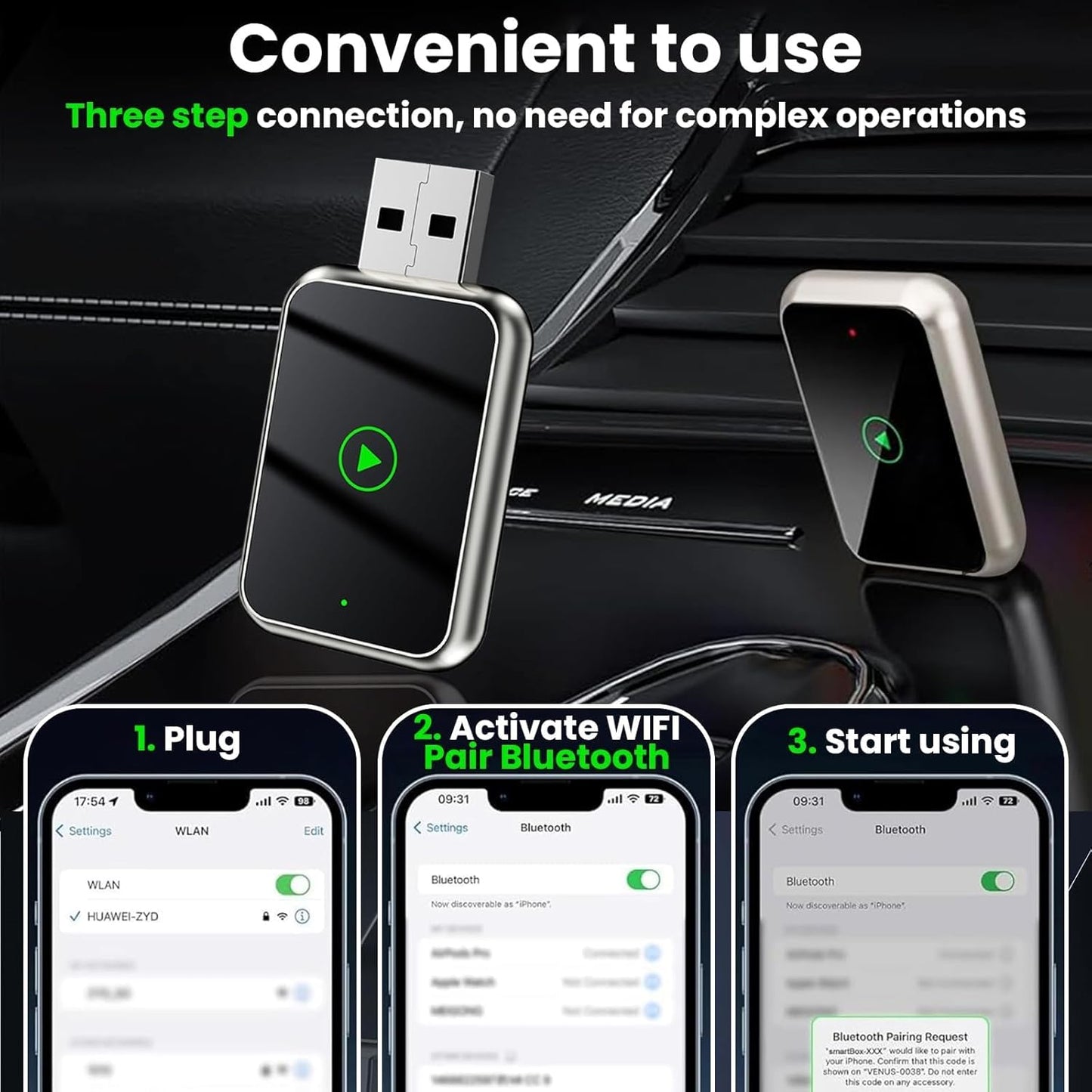 2 in 1 Wireless Carplay and Android Automatic Adapter, Mini Wireless Carplay Convert Factory Wired Carplay to Wireless, Wireless Carplay Adapter for IP-Hone iOS 10+ and Android 11+