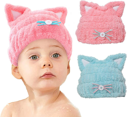 mdoahny 2Pcs Microfiber Quick Drying Towel Wrap for Kids Girls, Kids Hair Towel Wrap, Cute Ears Cap Wrapped Bath Tool Hair Turban, Absorbent Hair Dry Hat Cap Lightweight Hat Headscarf, Blue and Pink
