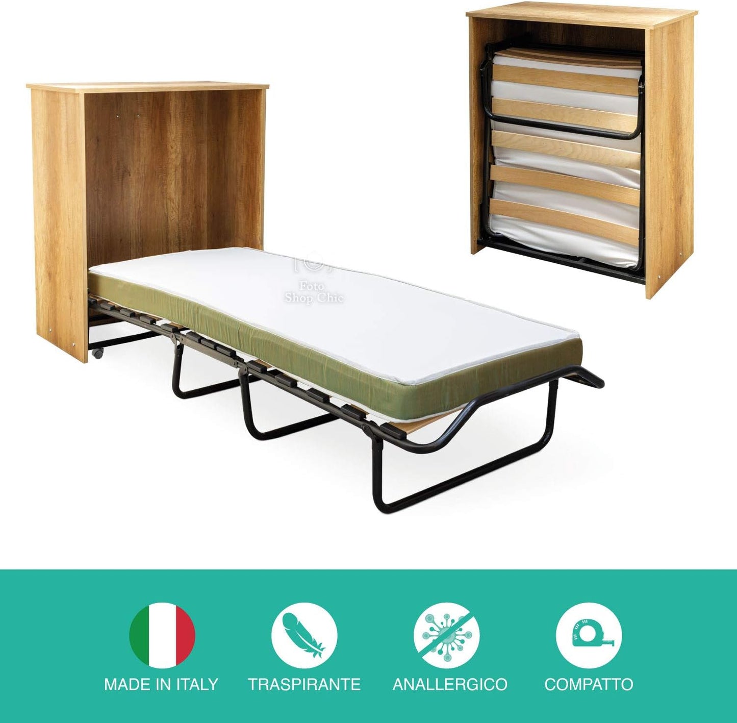LE CHIC ARREDAMENTI Concealed Single Bed Cabinet, High Density Mattress H 10 cm, Includes Orthopaedic Slatted Base, Roll-In Structure with Wheels, Tobacco Oak Finish