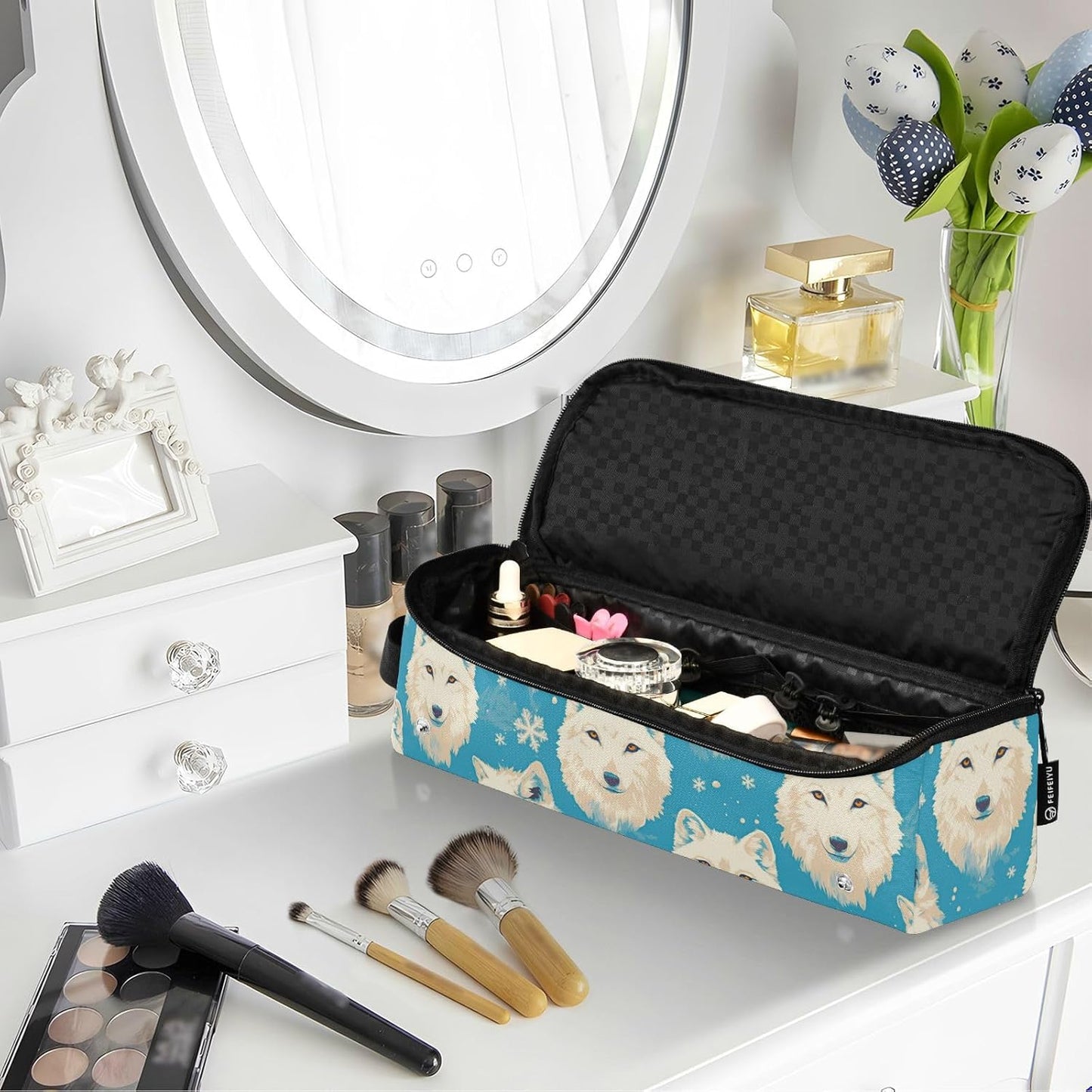 White Wolfs - Borsa da viaggio per attrezzi da capelli blu con cuscinetto resistente al calore, organizer portatile per strumenti per lo styling dei capelli per ferro piatto e accessori per la cura