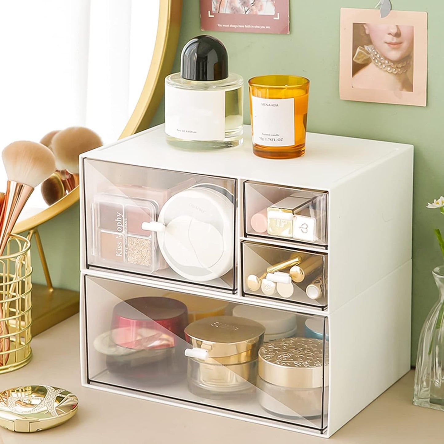 Desk Drawer Organizer, Transparent Makeup Organizer Storage Box with 4 Removable Plastic Drawers, Desk Storage and Accessories for Home Collection Cosmetics Office Bathroom Counter Dressing Table