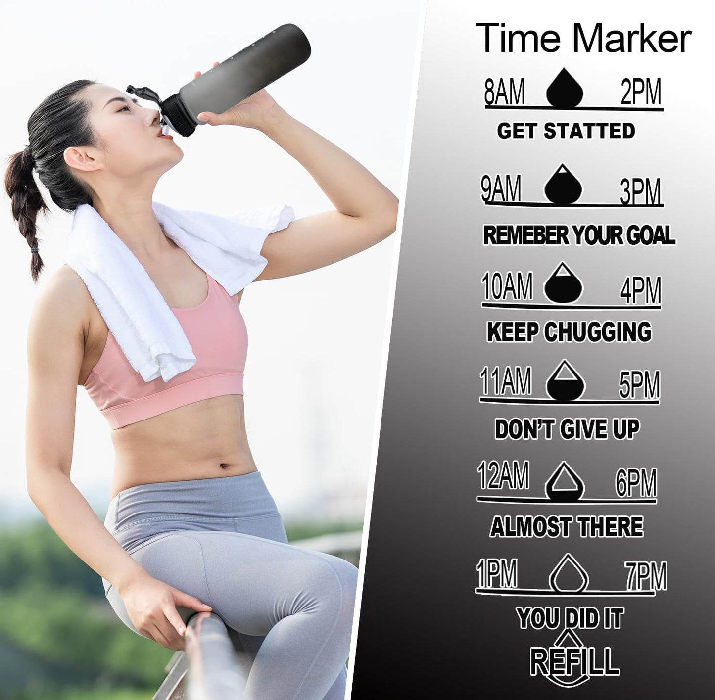 AOOABO TECH Motivational Water Bottle 1 Litre with Straw with Time Marker Leak Proof Tritan BPA Free Fitness School Gym Outdoor Sports (Black+Grey)