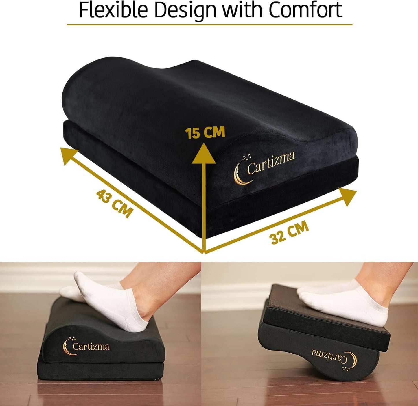Cartizma Ergonomic Foot Rest for Under Desk at Work - Wavy Shaped for Heel Support, Memory Foam, Anti-Slip, Washable Cover - Office & Gaming Footrest, Back & Leg Pain Relief, Desk Foot Stool (black)