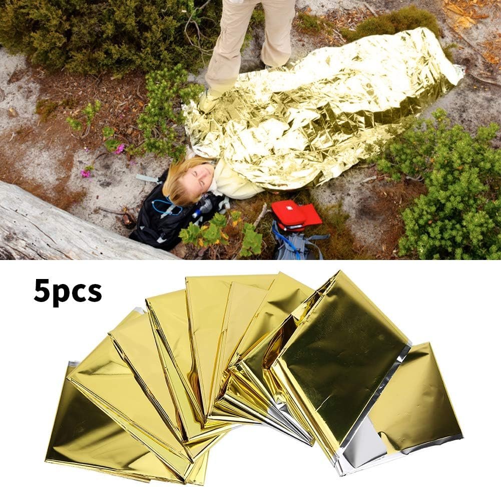 5PCS Emergency Mylar Thermal Blankets, Camping Emergency Blankets Heat Reserve Reflective Blanket for Outdoors, Survival Reflective Thermal First Aid Foil Blanket(Gold)