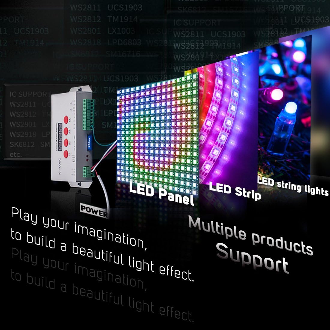 BTF-LIGHTING K-1000C (Updated T-1000S) WS2812B APA102C SK6812 WS2811 WS2801 WS2813 LED Strip 2048 Pixel Controller DC5-24V Adjustable Programmable with SD Card