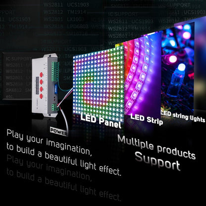 BTF-LIGHTING K-1000C (Updated T-1000S) WS2812B APA102C SK6812 WS2811 WS2801 WS2813 LED Strip 2048 Pixel Controller DC5-24V Adjustable Programmable with SD Card