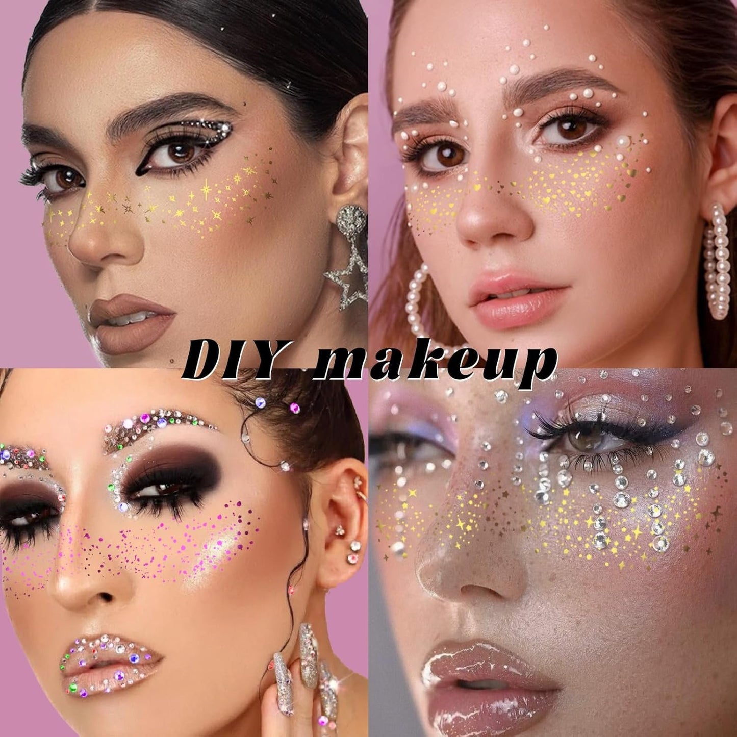 HOSAILY 6 pcs Gold+Rose Red Glitter Freckles Face Tattoo, Sparkle Face Glitter Makeup for Women, 3 pcs Gems Jewels Pearl Half Magic Stickers Fairy Mermaid Makeup for Festival Rave Party Accessories
