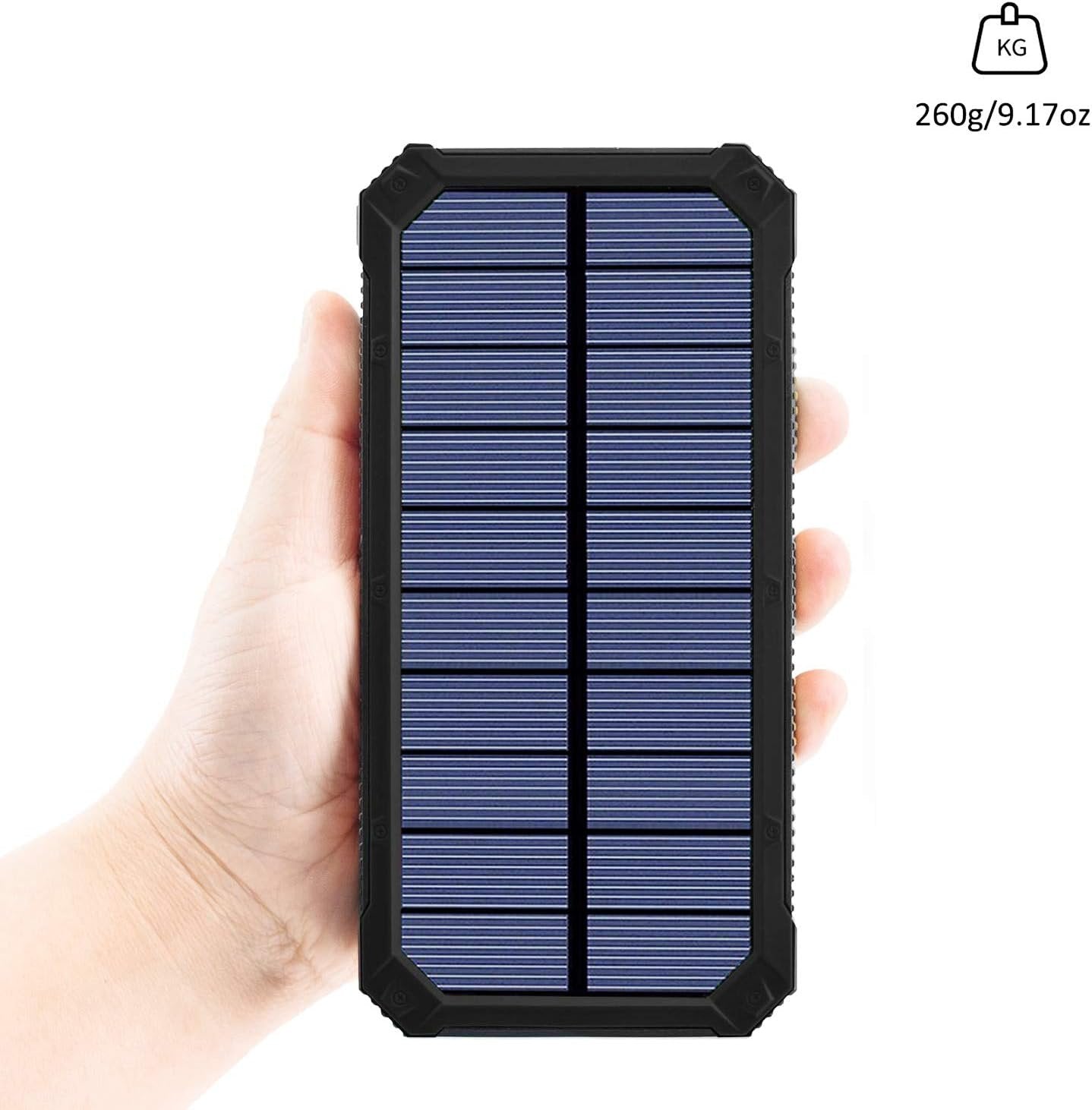 Solar Charger, Friengood 15000mAh Portable Solar Power Bank with Dual USB Output Ports, Solar Phone Charger External Battery Pack with 6 LED Flashlight Light for iPhone, iPad, Android and More (Black) …