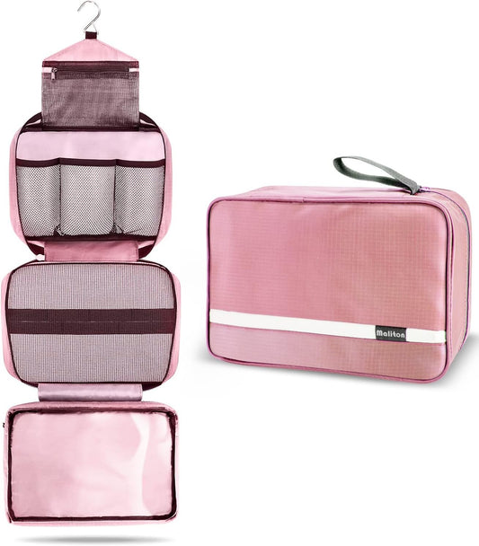 Maliton Hanging Toiletry Bag, Travel Toiletry Bag | Foldable Dopp Kit with Large Capacity for Men | 4 Layers Portable Waterproof Hygiene Bag for Women | Travel Bathroom Organizer(Pink)