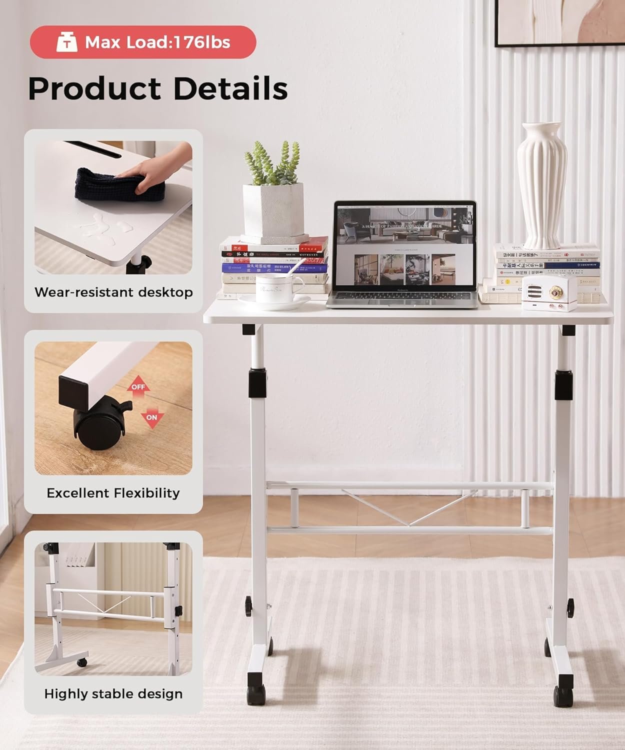 Small Standing Desk Adjustable Height 32 Inch Mobile Sit Stand up Portable Rolling with Wheels Standing Desk for Walking pad Treadmill White