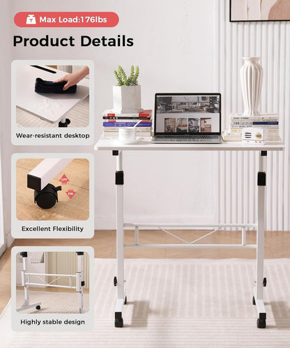 Small Standing Desk Adjustable Height 32 Inch Mobile Sit Stand up Portable Rolling with Wheels Standing Desk for Walking pad Treadmill White