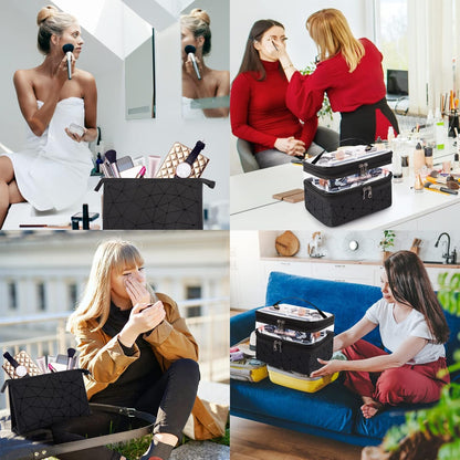 Set of 2 Women's Make-Up Large Clutch Bag Make Up Bag Makeup Cosmetic Travel Case Makeup Bag Makeup Bag Makeup Bag Girl | Black & Transparent, Black
