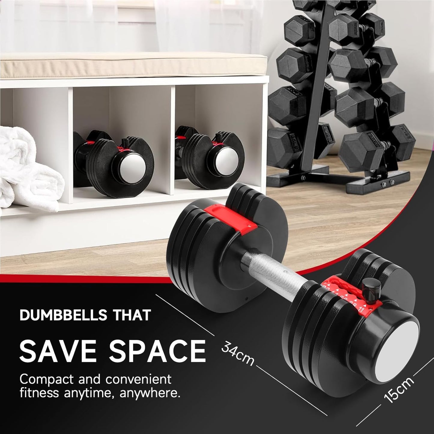 Koreal Adjustable Dumbbells Set, 2Pack 11KG Dumbbell Set, 2.5 to 11KG Quick Dial Adjustment Weights With Safety Locking Button, Space Saving Strength Training for Full Body Home Gym Workout