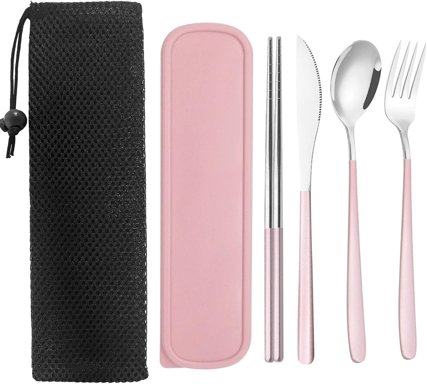 Portable Stainless Steel Cutlery, KUAOOAUK Reusable Travel Utensils, Portable Chopsticks Knife Spoons Forks Set, Travel Cutlery Set with Case for Adults Picnic Camping Daily Use (Pink)