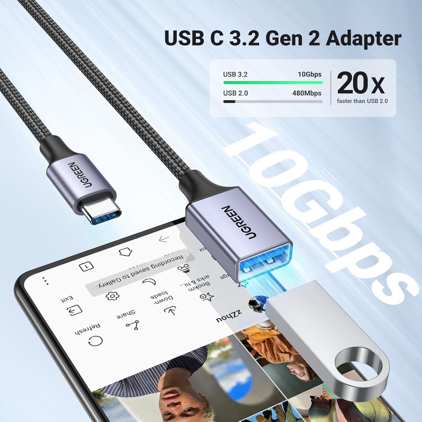 UGREEN USB C to USB 3.1 Adapter Braided Type C Male to USB Female OTG Data Cable Compatible with MacBook Pro 2021, MacBook Air 2022, iPad Pro 2021 2020, Galaxy S22 S21 Ultra S20 S10 S7, Grey