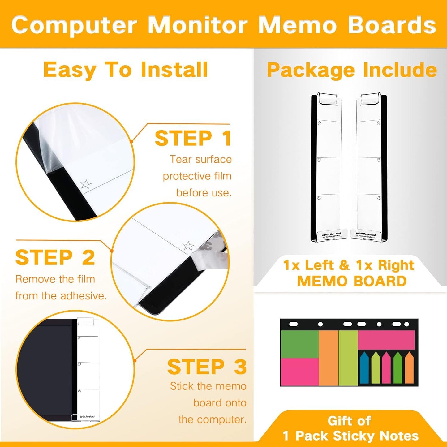 Monitor Memo Boards for Computer, Set of 2 (Left & Right) Multifunction Acrylic Screen Message Reminder Pad Side Panels Phone Holder - Utility Organizer for Office Desktop, Gift of 1 Pack Sticky Notes