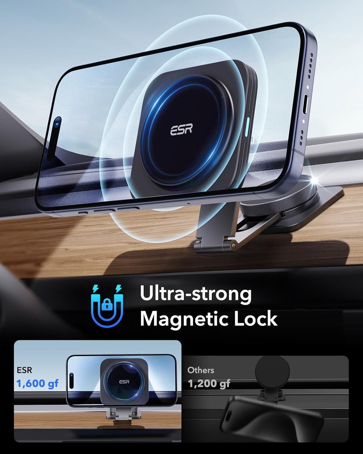 ESR for MagSafe Car Mount Charger, Foldable Dashboard Magnetic Wireless Car Charger for Tesla, for MagSafe Car Charger, Tesla Touchscreen Car Phone Holder for iPhone 16/15/14/13/12, S25,Strong Magnets