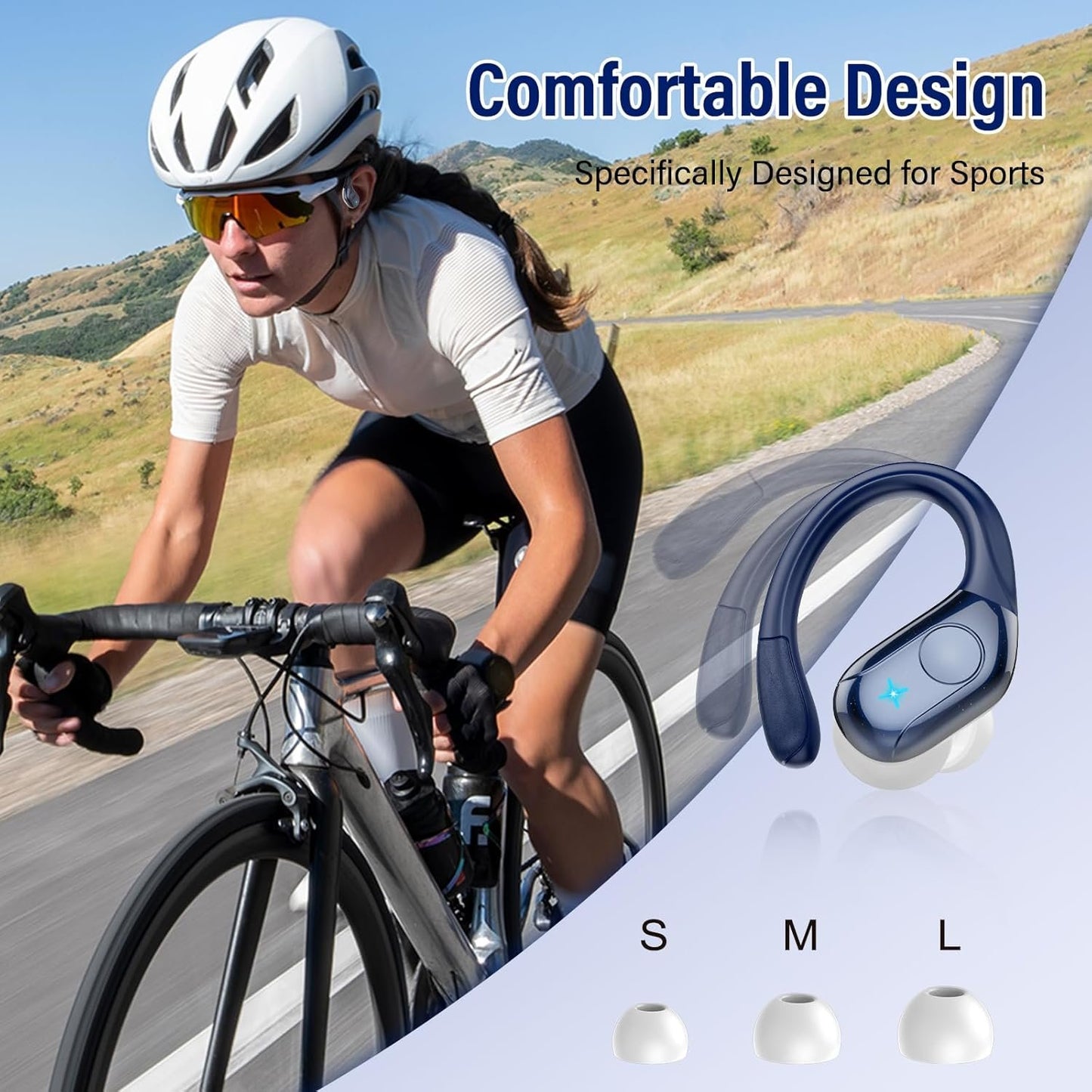 Wireless Earbuds, 75H Bluetooth 5.4 Headphones, Sport Wireless Earphones with 4 ENC Mic, Stereo Bass, IP7, Bluetooth Earbuds with Earhooks for Workout/Running/Work, Dual LED Display Ear buds,Deep Blue