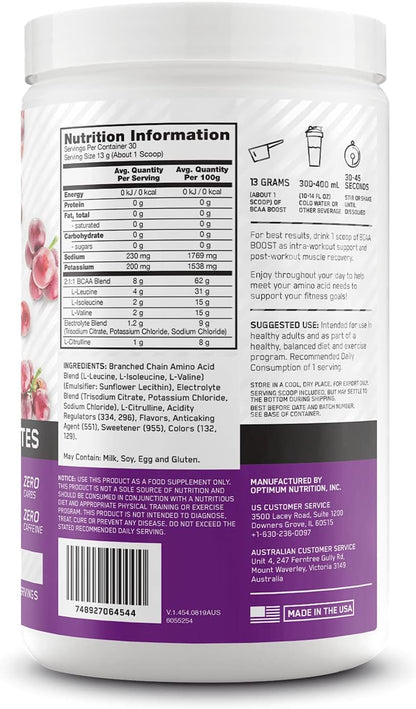 OPTIMUM NUTRITION BCAA BOOST 8g BCAA + Electrolytes Powder, Grape Burst Flavour, 390g, 30 Servings