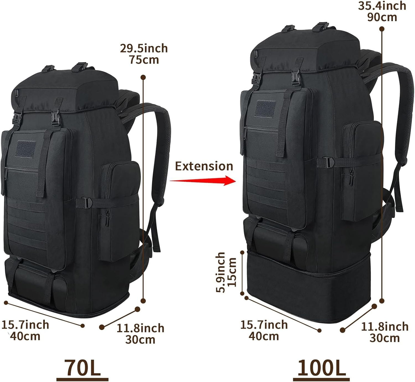 Vaupan Hiking Backpack, 100L Large Camping Backpack, Expandable Waterproof Molle Rucksack, Outdoor Daypack for Men Women