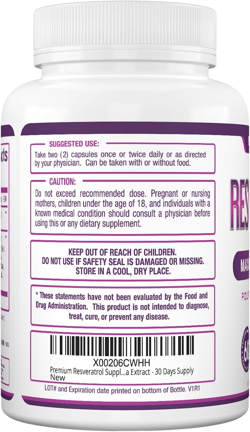 Purely Optimal Resveratrol 1500mg - High Potency Trans-Resveratrol Supplement with Polyphenols, 60 Vegan Capsules - Supports Graceful Aging, Vitality, Immune Function & Total Body Wellness