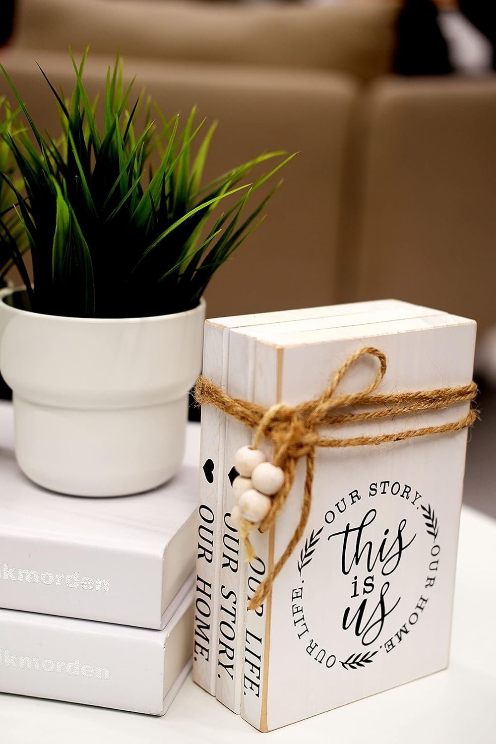 LIVDUCOT Wood Decorative Books Stack Rustic Home Decor Stack White Wooden Books for Modern Home Decor,Shelf,Mantle or Tray This is Us Our Life Our Story Our Home 7X 5.5X 2.5'