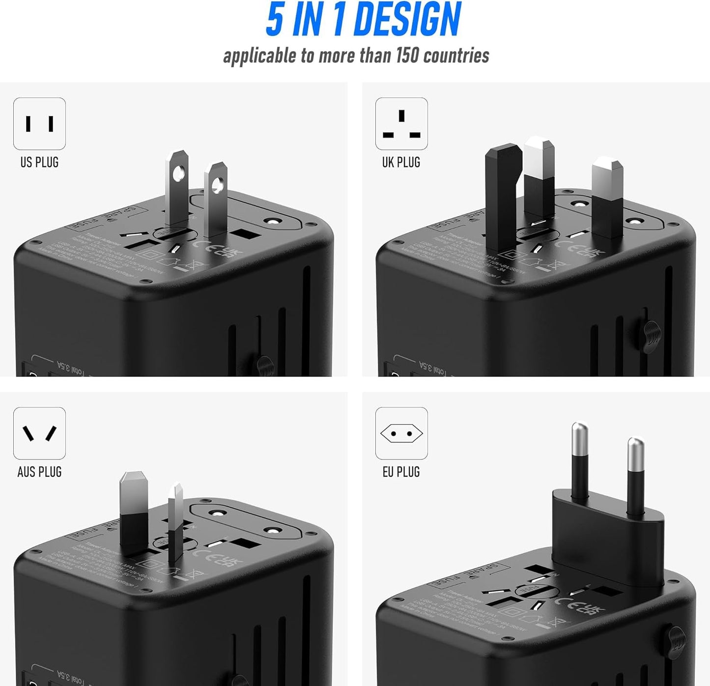 VYLEE Universal International Power Travel Plug Adapter, 5 in 1 European Travel Plug Adapter W/ 3.5A 2xUSB-A and 2xUSB C Wall Charger and Worldwide AC Outlet for Europe USA UK AUS Asia (Black Grey)