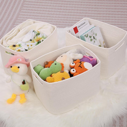 MicroIdeas Woven Storage Basket, Cotton Rope Organizing Baskets for Nursery, Baby Toys, Home Organization, rectangular Bathroom Towel Baskets for Shelves 13*11*9in - Set 3, White