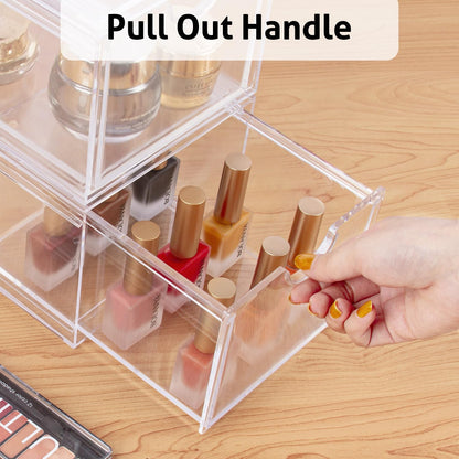 AMEITECH Stackable Cosmetic Organizer Drawers, Acrylic Clear Makeup Organizer, Vanity Container Drawer for Cosmetics, Skin Care, Hair Accessories, Bathroom Counter or Dresser - Set of 2