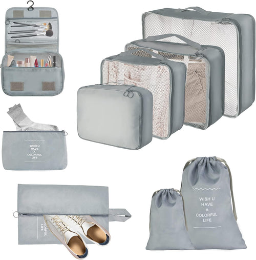 Travel Suitcase Organizer Set of 9 Cubes Packing Bags Waterproof Travel Bags for Holiday and Travel, for Clothing, Cosmetics, Shoes, Underwear, Grey