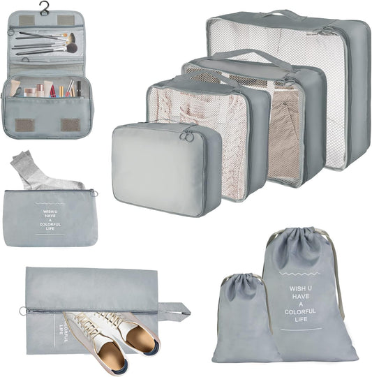 Travel Suitcase Organizer Set of 9 Cubes Packing Bags Waterproof Travel Bags for Holiday and Travel, for Clothing, Cosmetics, Shoes, Underwear, Grey