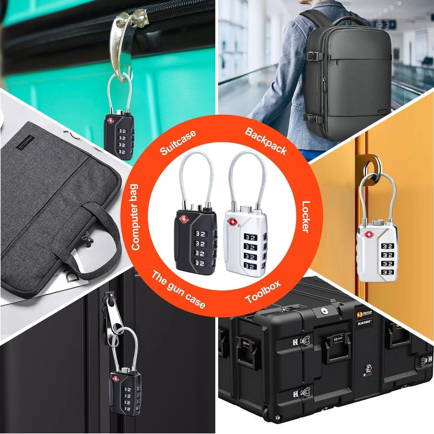 TSA Approved Luggage Locks,4-Digit Security Suitcase Locks,Combination Padlock for Suitcases Flexible Cable Travel Lock(Black+Black+Silver+Silver)