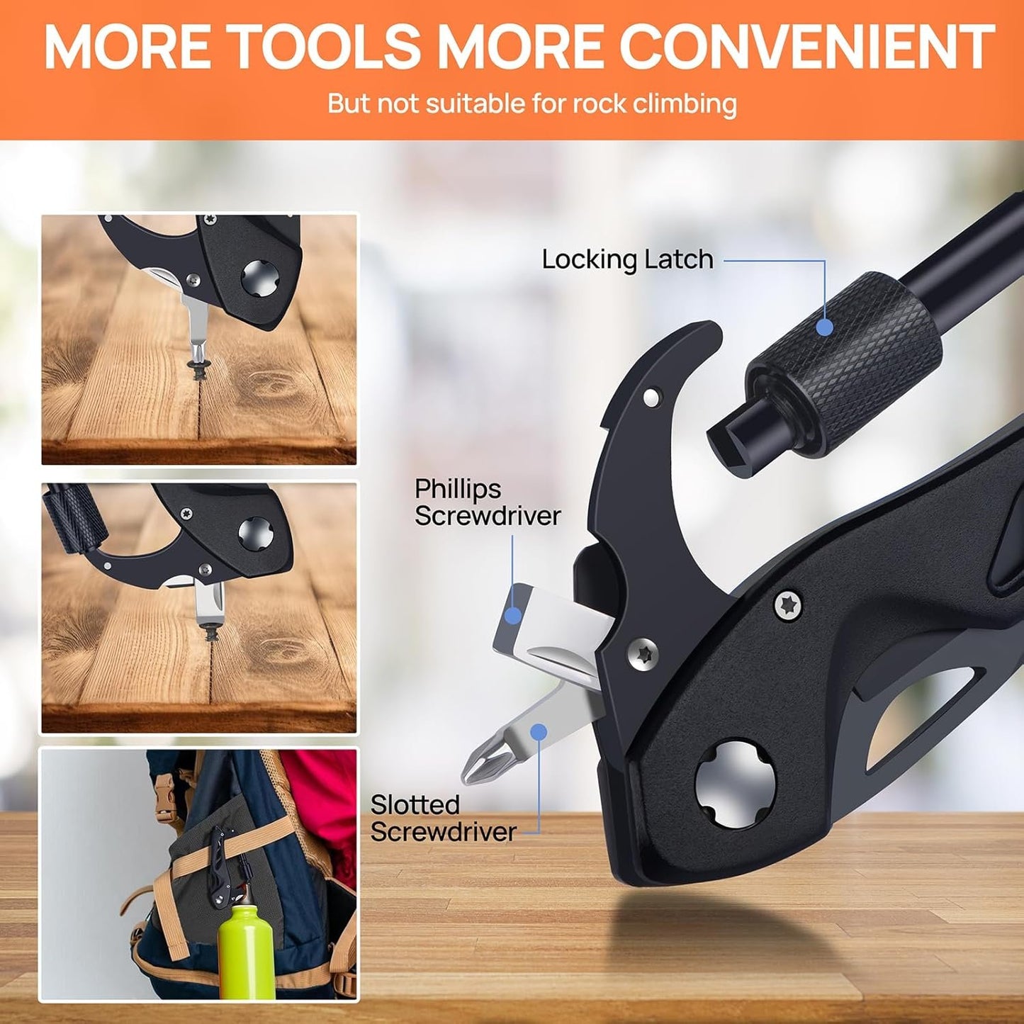 Multitool Carabiner with Pocket Knife, Gift for Men Him Dad Husband, 6-in-1 Multitool with EDC Carabiner,Bottle Opener,Window Breaker & Screwdriver,Cool Gadgets for Outdoor,Gardening (Black)