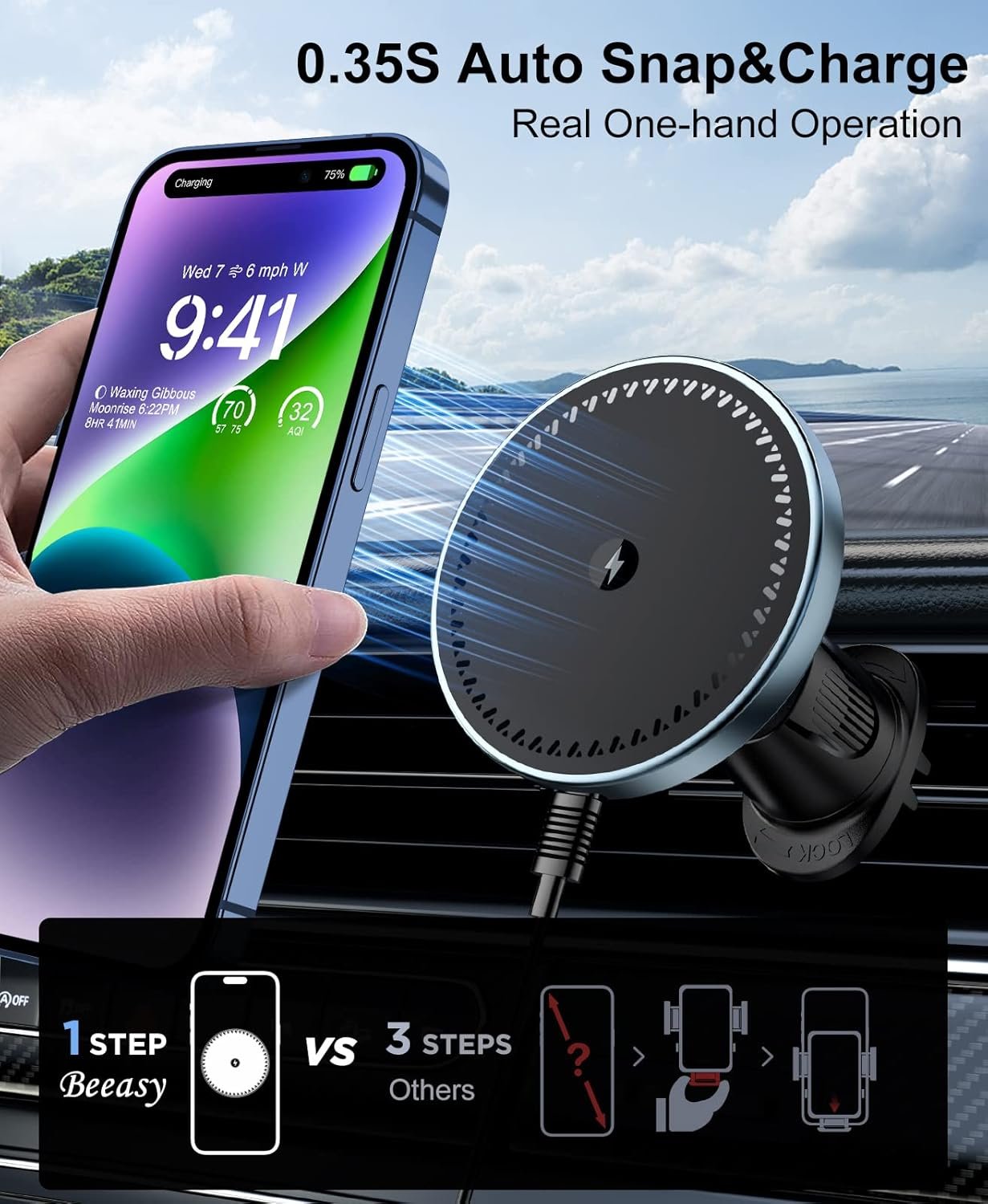 Beeasy Magnetic Wireless Car Charger, 15W, Car Wireless Charging, Car Phone Holder Compatible with Magsafe for iPhone 16/15/14/13/12 Series