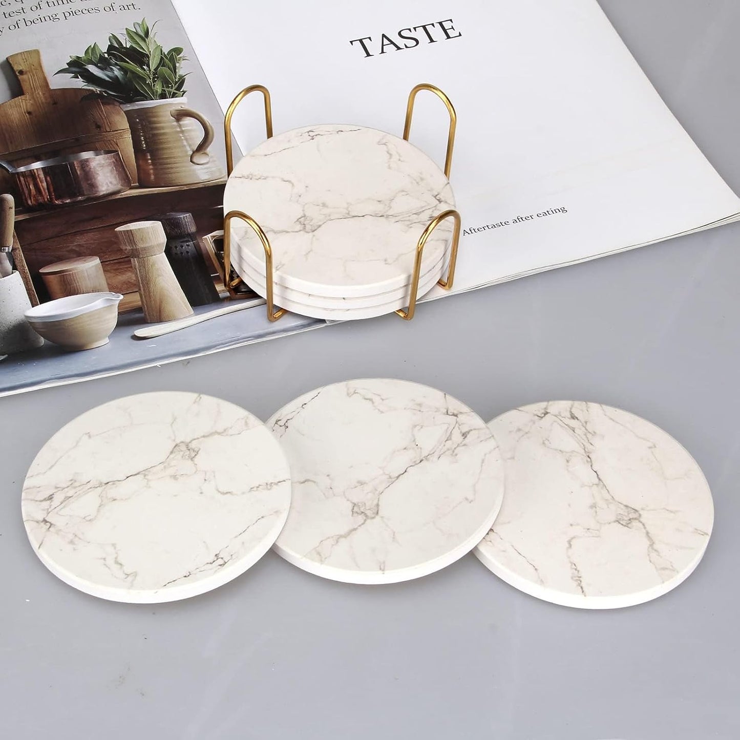 6 Pcs White Marble Coaster Set with Holder Best Absorbent Coasters Drink Stone Coasters Ceramic Wine Coasters Table Cup Coasters